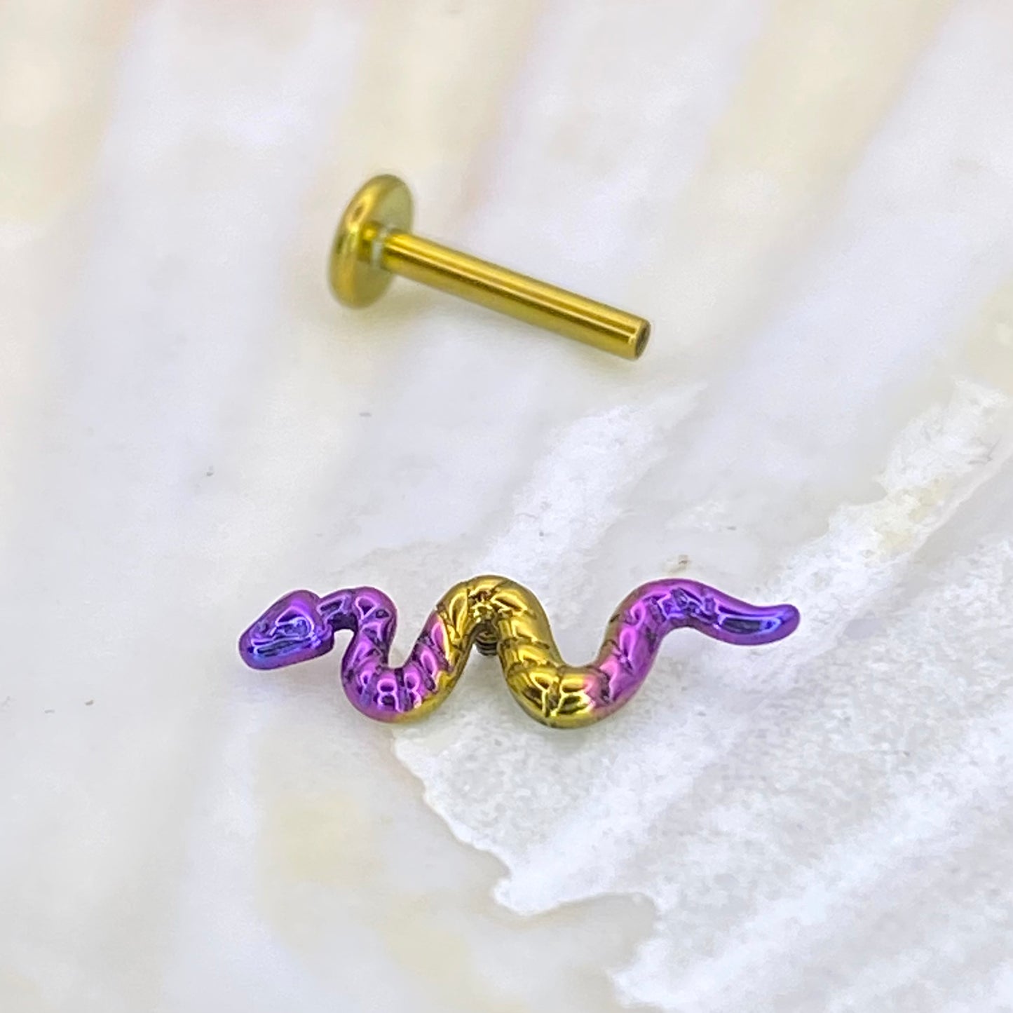 Vibrant Purple and Gold Anodized Snake top Medical grade ASTM:F-136 titanium Labret 1.2x8mm lobe helix cartilage flat conch tragus