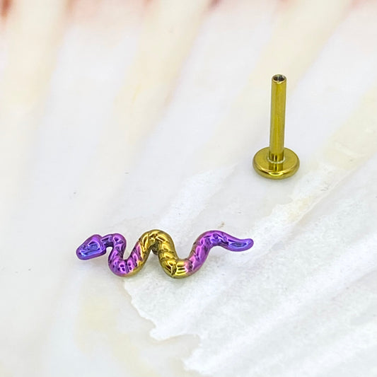 Vibrant Purple and Gold Anodized Snake top Medical grade ASTM:F-136 titanium Labret 1.2x8mm lobe helix cartilage flat conch tragus