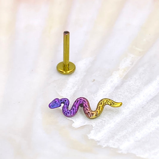 Gold Tailed Vibrant Purple Head Anodized Snake top Medical grade ASTM:F-136 titanium Labret 1.2x8mm lobe helix cartilage flat conch tragus