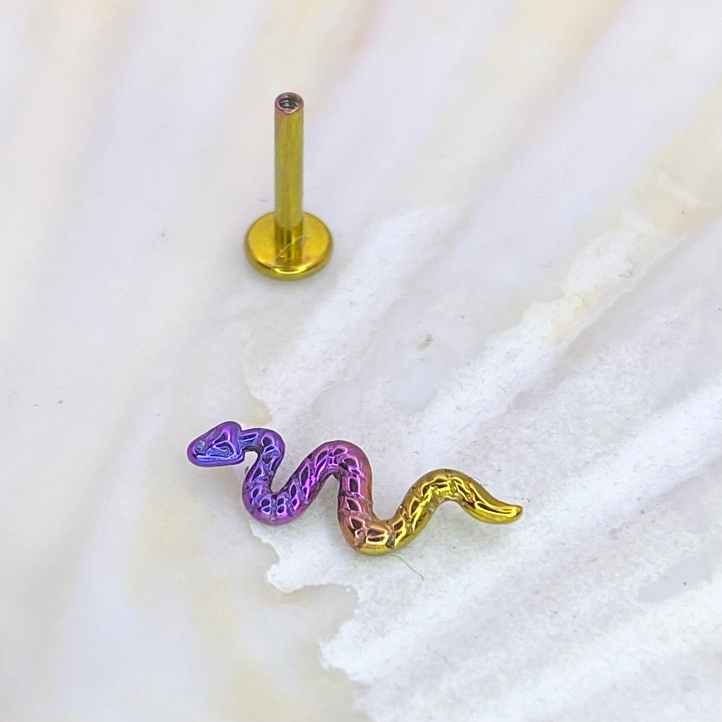 Gold Tailed Vibrant Purple Head Anodized Snake top Medical grade ASTM:F-136 titanium Labret 1.2x8mm lobe helix cartilage flat conch tragus