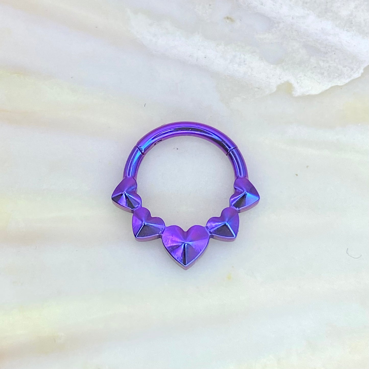 BLURPLE Anodized 5 Hearts Forward Facing Titanium Clicker Hoop for Septum, Daith and Cartilage Piercings