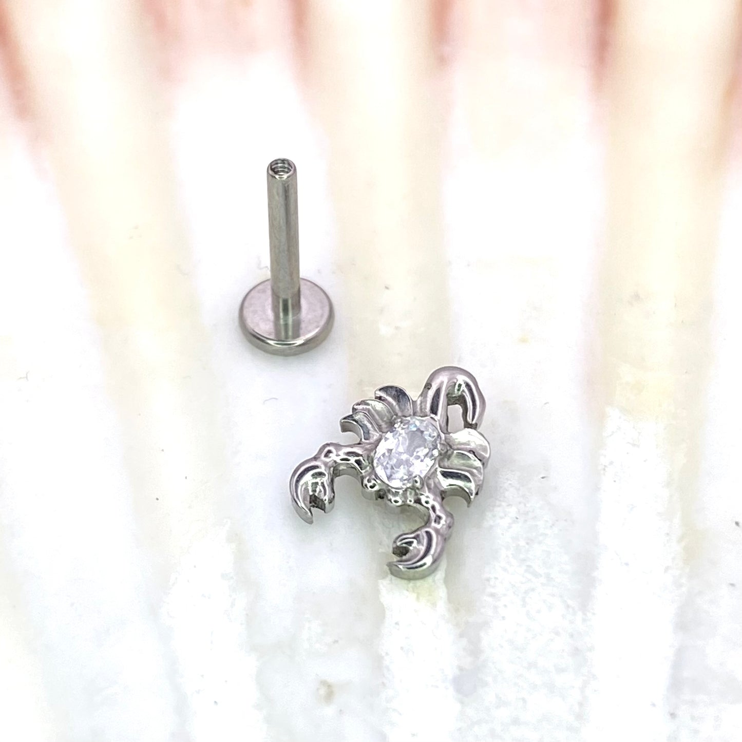 SCORPION Top Medical grade ASTM:F-136 titanium labret 1.2x8mm internal thread helix tragus flat ear lobe jewellery