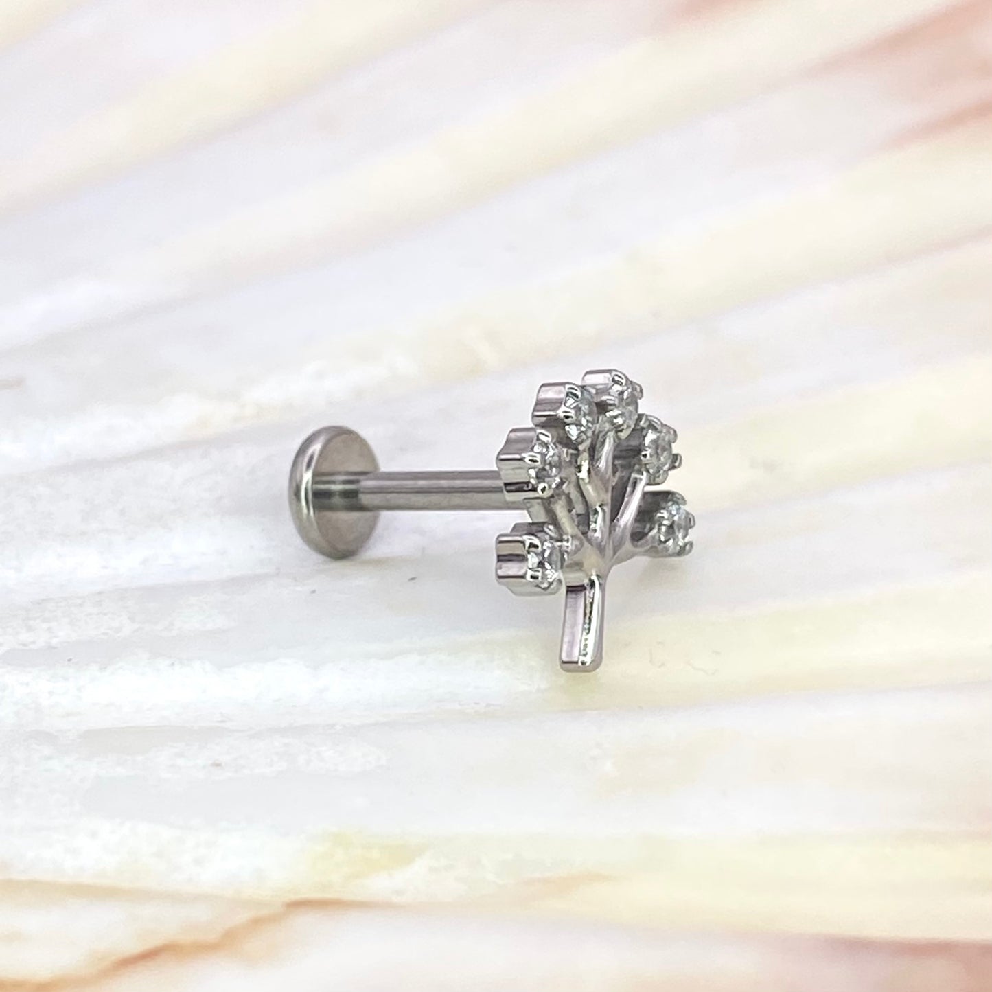 Mini TREE Top with Clear Gems Medical grade ASTM:F-136 titanium labret 1.2x8mm internal thread helix tragus flat ear lobe jewellery