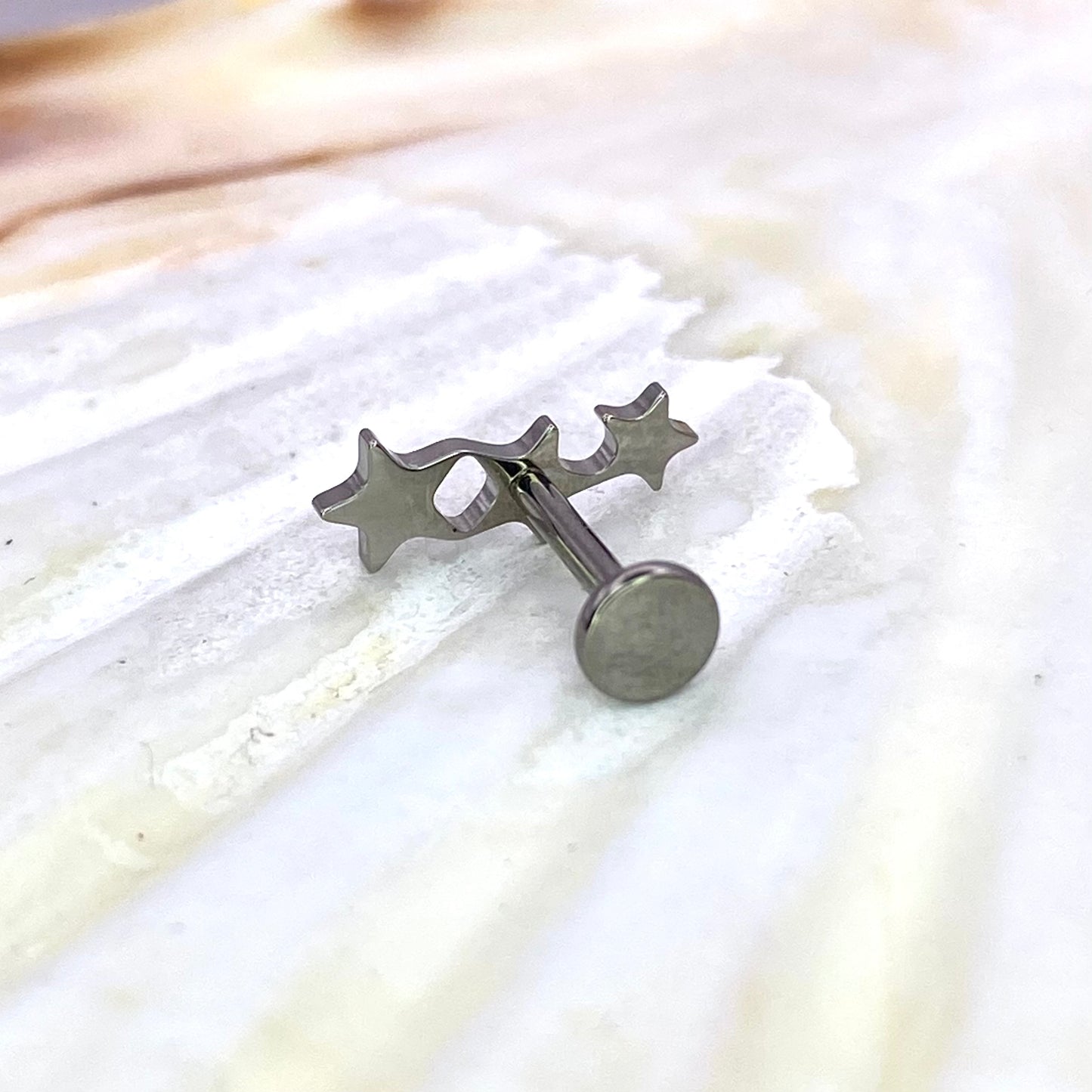 TRI - STAR Top Medical Grade ASTM F136 Titanium Internal Thread Labret Ear Jewellery Lobe, Cartilage, Tragus, Flat Piercing Earring