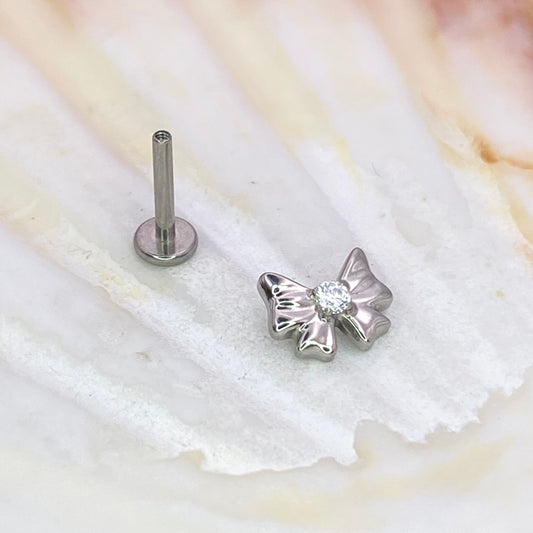 Single Clear Gem BOW Top Medical grade ASTM:F-136 titanium labret 1.2x6/8/10mm internal thread conch helix tragus flat ear lobe jewellery