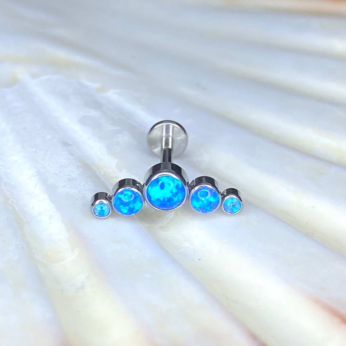 BLUE OPAL CLUSTER Crescent Top Medical Grade ASTM F136 Titanium Internal Thread Labret Ear Jewellery Helix, Tragus, Cartilage, Lobe Earring