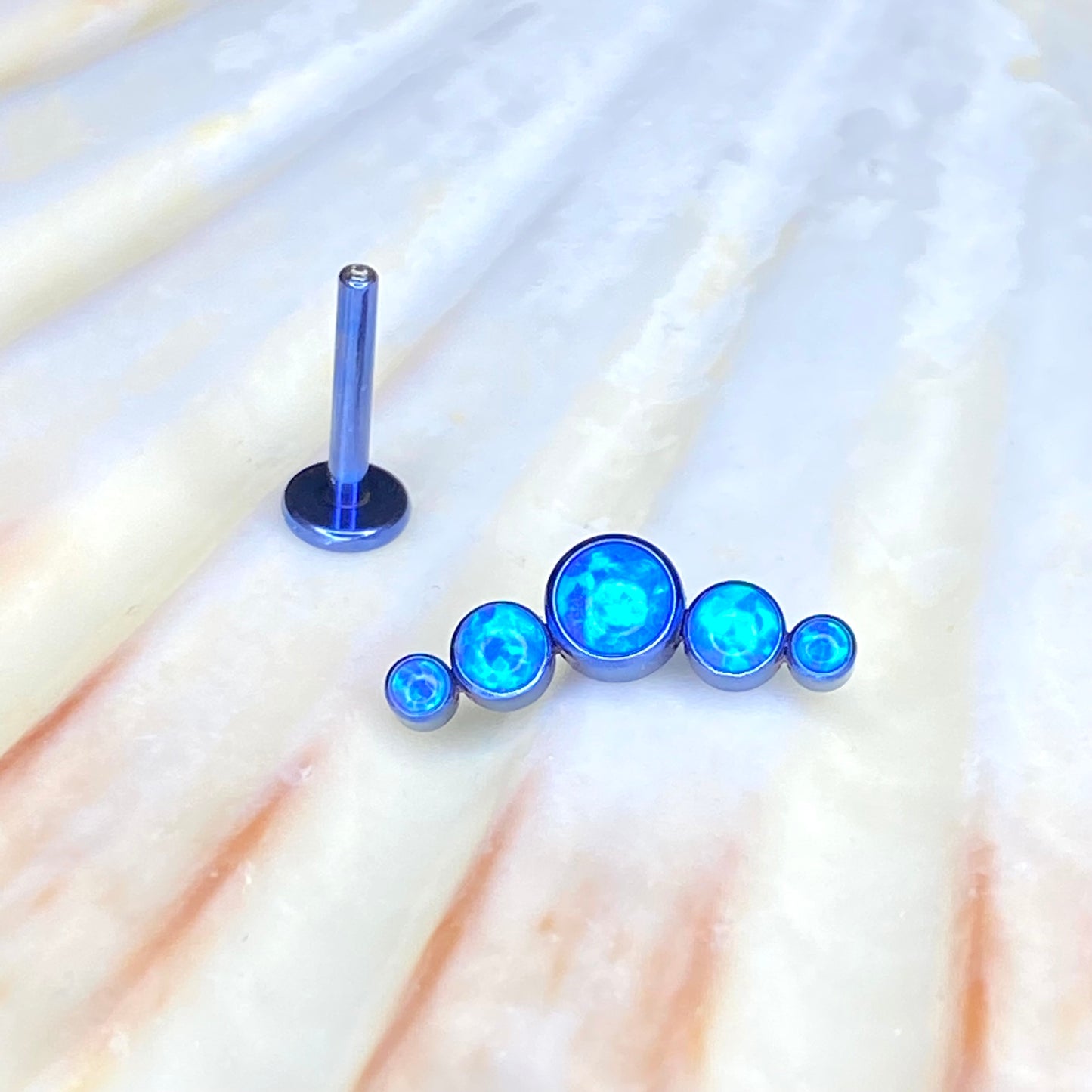 BLUE OPAL CLUSTER and BLUE ANODIZED Crescent Top Medical Grade ASTM F136 Titanium Internal Thread Labret Ear Jewellery Helix, Tragus, Cartilage, Lobe Earring