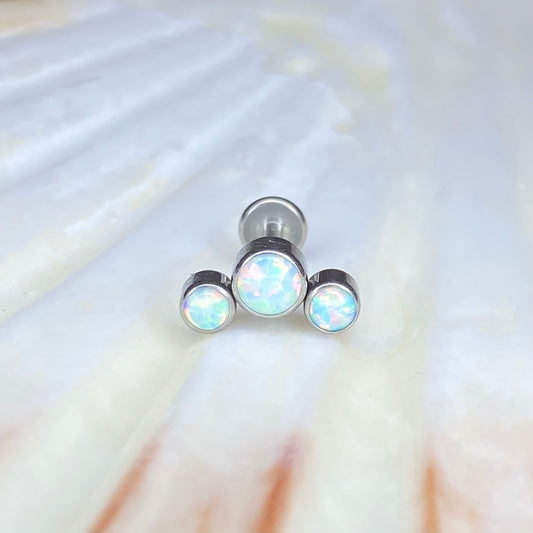 WHITE OPAL TRIPLE Gem Cluster Top Medical Grade ASTM F136 Titanium Internal Thread Labret Ear Jewellery Helix Tragus Lobe Cartilage Earring 1.2x6mm