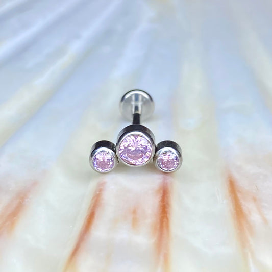 PINK TRIPLE GEM Cluster Top Medical Grade ASTM F136 Titanium Internal Thread Labret Ear Jewellery Helix Tragus Lobe Cartilage Earring 1.2x8mm