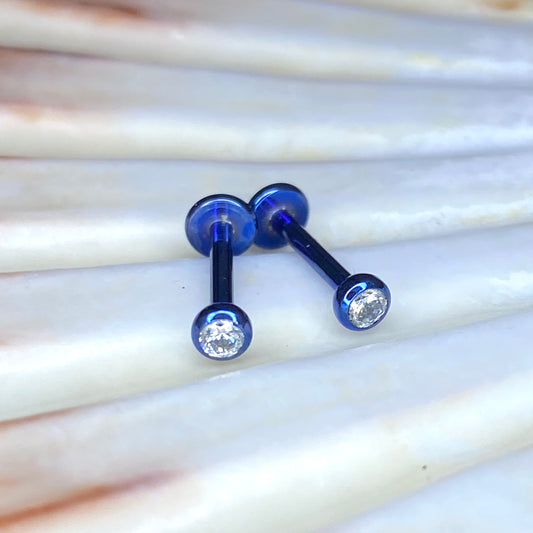 BLUE ANODIZED Clear Gem Top Medical grade ASTM F136 titanium Internal Thread Labret PAIR Tragus Helix Flat Conch