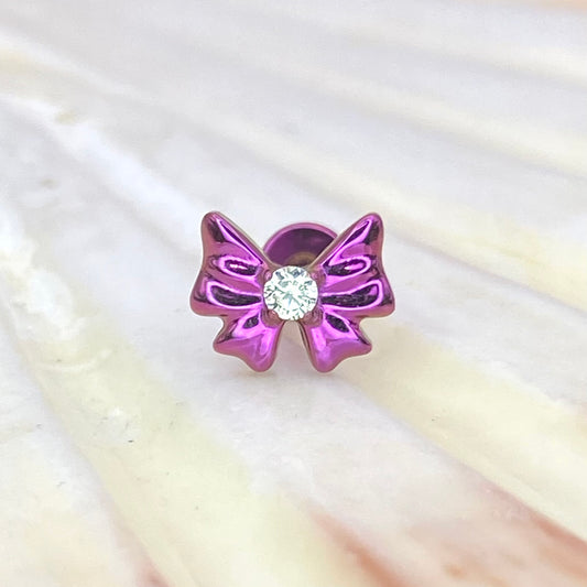 PINK ANODIZED Single Clear Gem BOW Top Medical grade ASTM:F-136 titanium labret 1.2x8mm internal thread conch helix tragus flat ear lobe jewellery