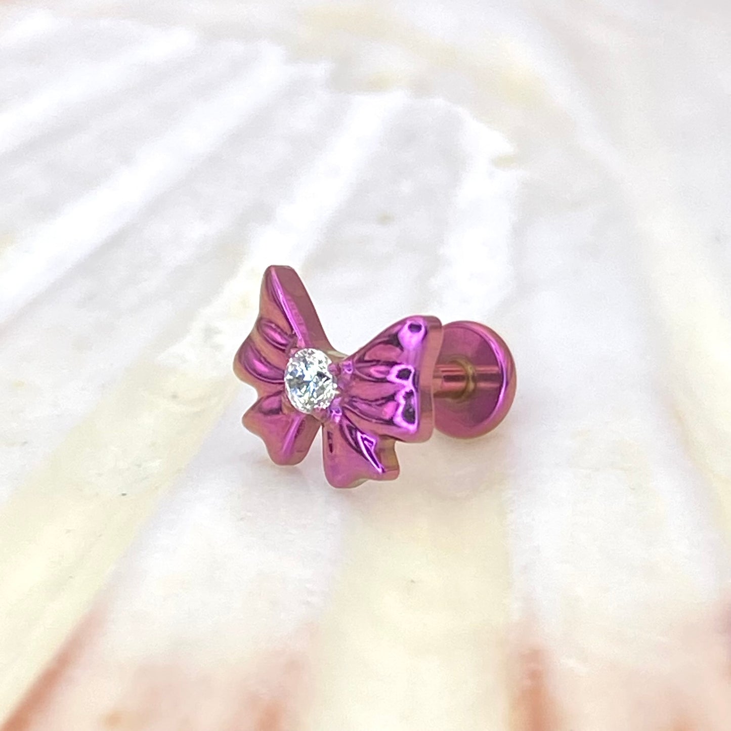 PINK ANODIZED Single Clear Gem BOW Top Medical grade ASTM:F-136 titanium labret 1.2x8mm internal thread conch helix tragus flat ear lobe jewellery