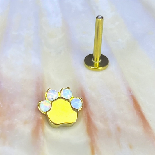 Gold ANODIZED White Opal Gem PAW Print Top Implant Grade ASTM:F-136 Titanium Labret 1.2x8mm Earring Internal Thread Cartilage stud