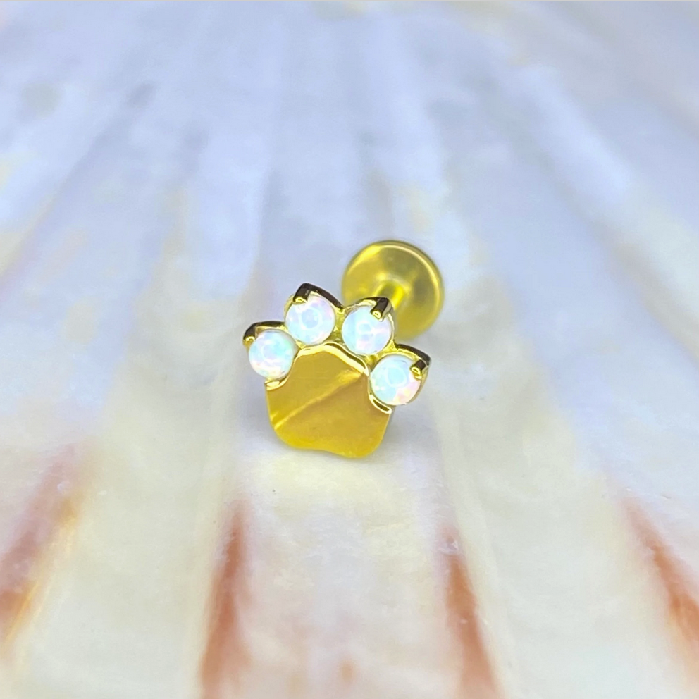 Gold ANODIZED White Opal Gem PAW Print Top Implant Grade ASTM:F-136 Titanium Labret 1.2x8mm Earring Internal Thread Cartilage stud