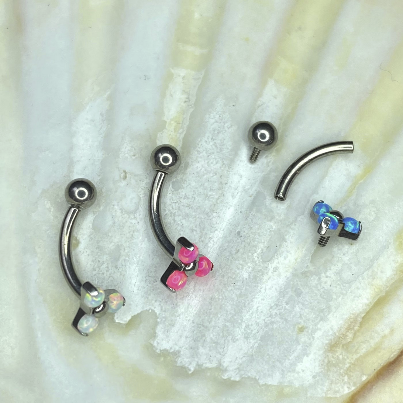 TRINITY White/Pink/Blue Opal Top Medical grade ASTM:F-136 titanium Curved Barbell 1.2x8/10mm internal thread for Rook Daith Anti-tragus Snug