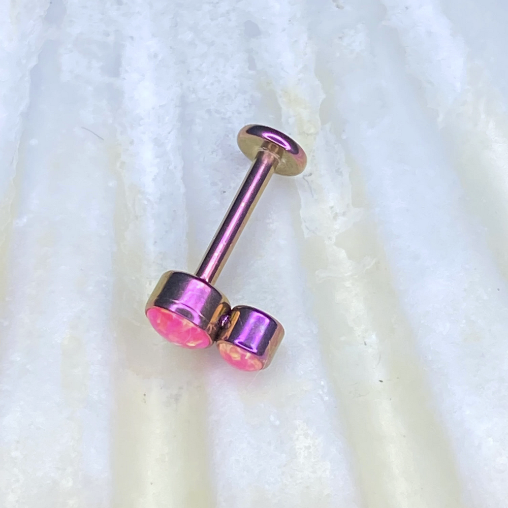 FUSCHIA ANODIZED Medical grade Internal thread ASTM:F-136 titanium Labret with Double Pink Opal Cluster Top 1.2x8mm lobe, cartilage, tragus