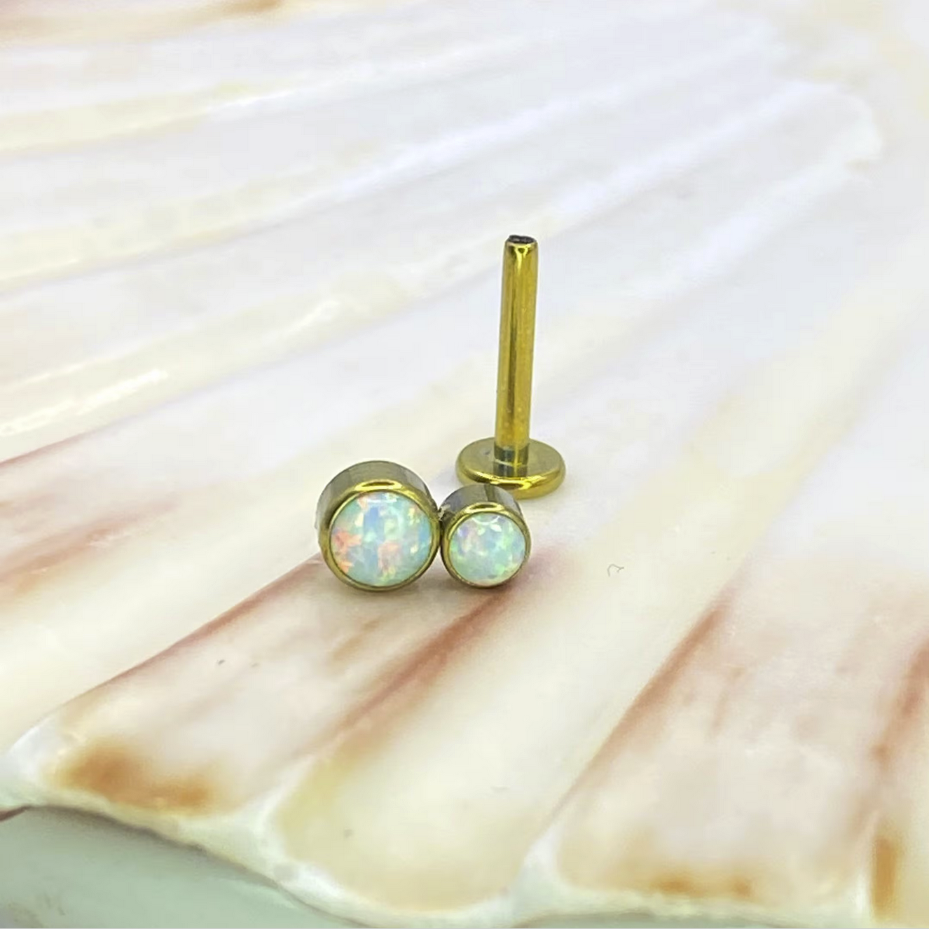 GOLD ANODIZED Medical grade Internal thread ASTM:F-136 titanium Labret with Double White Opal Cluster Top 1.2x8mm helix cartilage tragus