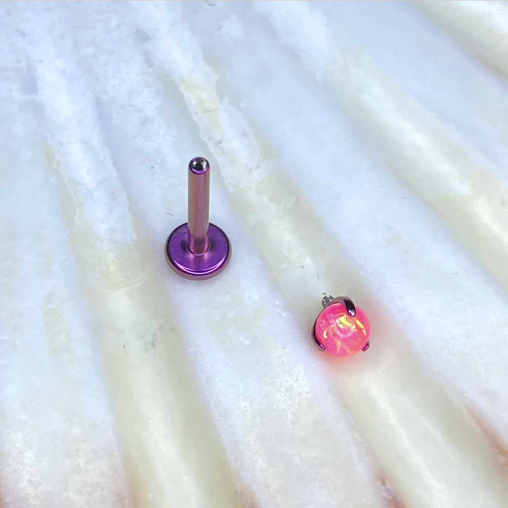 FUCHSIA ANODIZED Medical grade Internal thread ASTM:F-136 titanium Labret, Pink Opal Claw set Ball Top 1.2x6/8mm lobe helix cartilage tragus