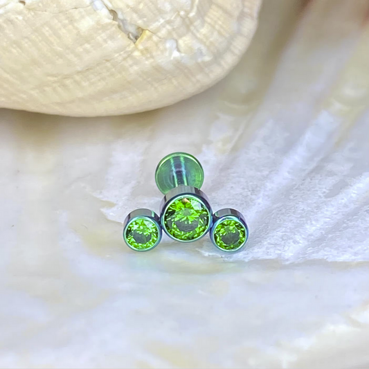 Emerald Green Swarovski Cluster Gem Green Anodized Medical grade ASTM:F-136 titanium labret 1.2x8mm, internal thread, for ear piercing