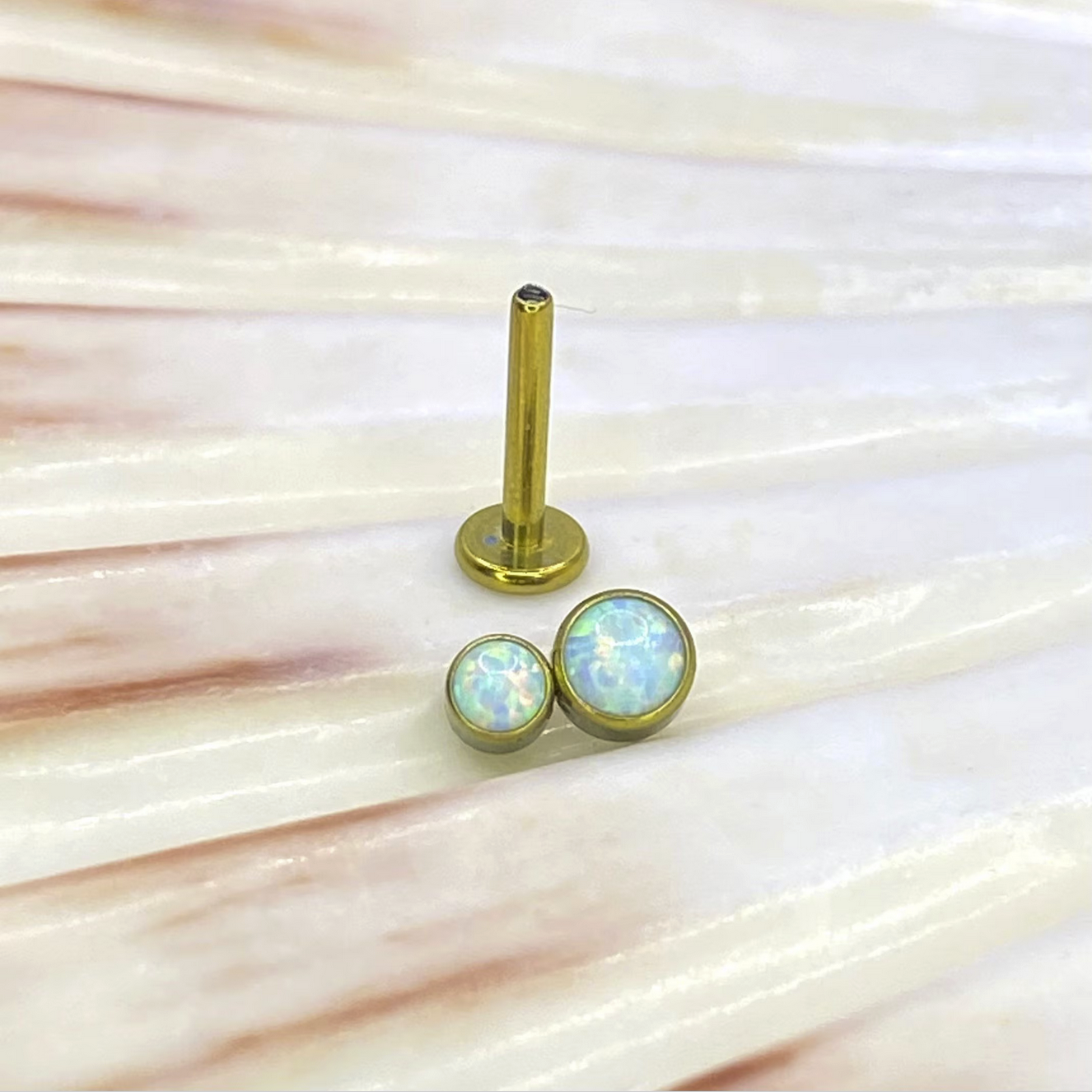 GOLD ANODIZED Medical grade Internal thread ASTM:F-136 titanium Labret with Double White Opal Cluster Top 1.2x8mm helix cartilage tragus