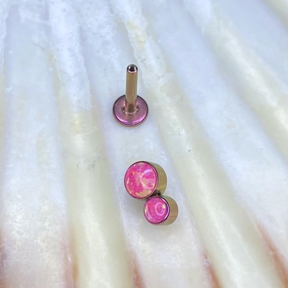 FUSCHIA ANODIZED Medical grade Internal thread ASTM:F-136 titanium Labret with Double Pink Opal Cluster Top 1.2x8mm lobe, cartilage, tragus