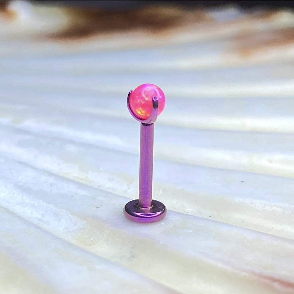 FUCHSIA ANODIZED Medical grade Internal thread ASTM:F-136 titanium Labret, Pink Opal Claw set Ball Top 1.2x6/8mm lobe helix cartilage tragus