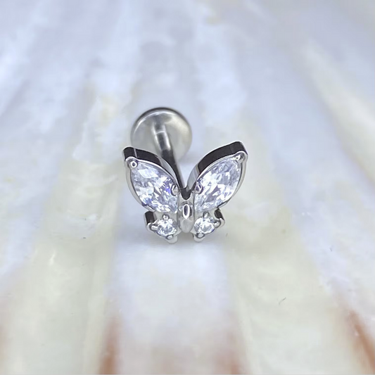 BUTTERFLY Clear Gem Top Medical grade ASTM:F-136 titanium labret 1.2x6/8mm Internal thread conch,helix,tragus,ear lobe flat jewellery