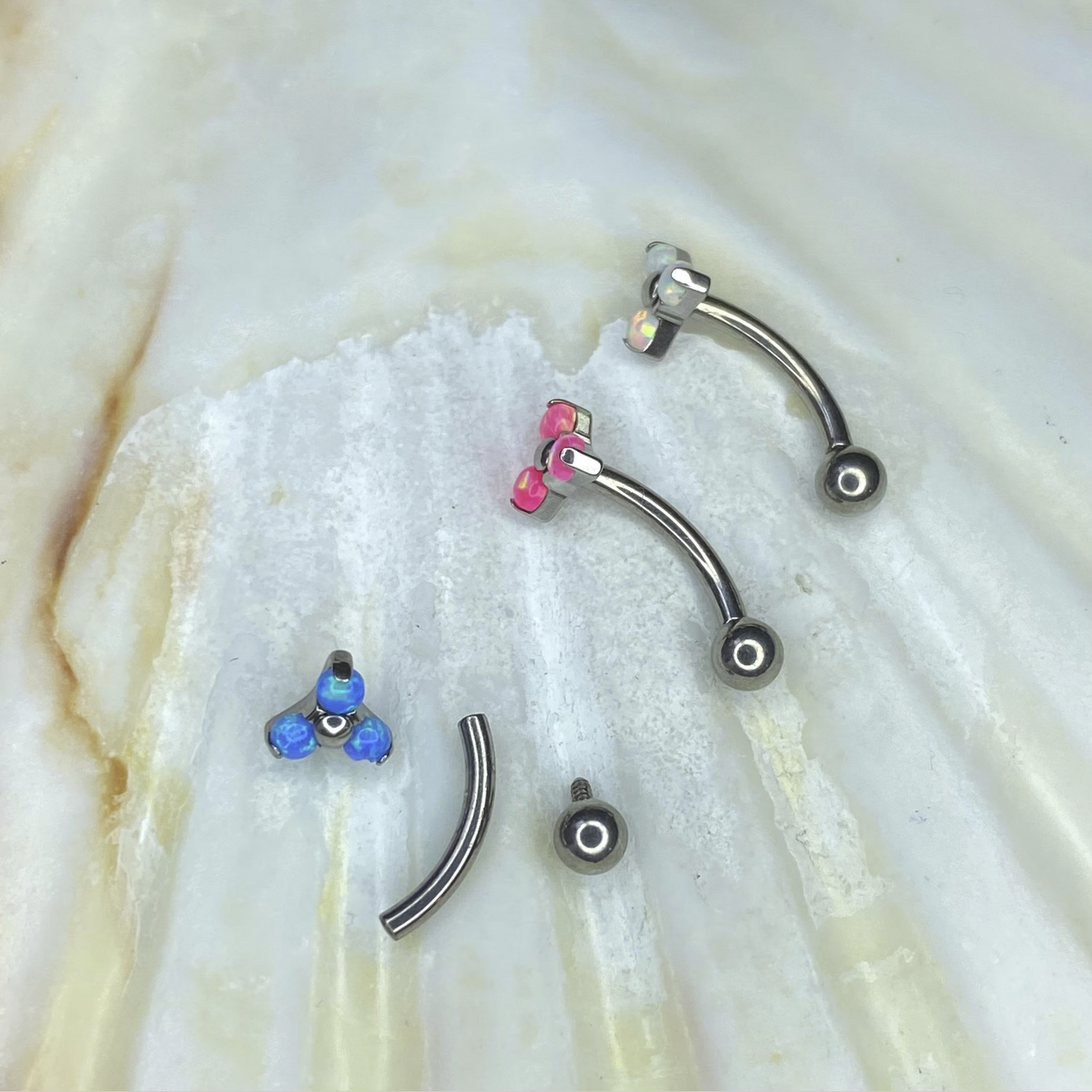 TRINITY White/Pink/Blue Opal Top Medical grade ASTM:F-136 titanium Curved Barbell 1.2x8/10mm internal thread for Rook Daith Anti-tragus Snug