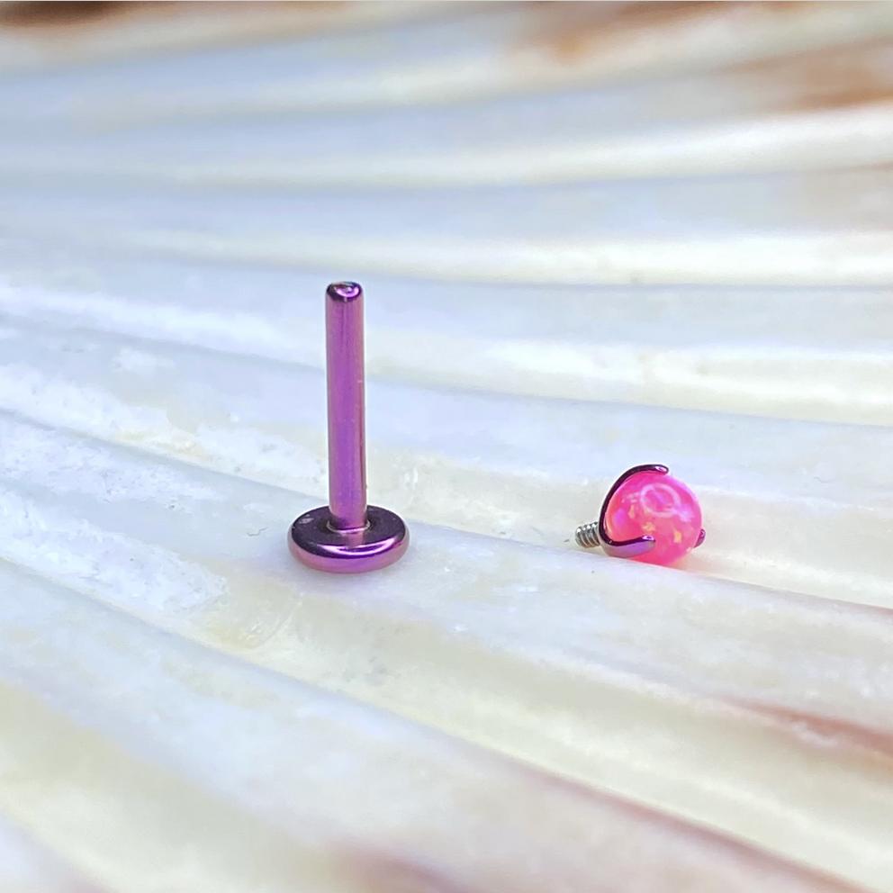 FUCHSIA ANODIZED Medical grade Internal thread ASTM:F-136 titanium Labret, Pink Opal Claw set Ball Top 1.2x6/8mm lobe helix cartilage tragus