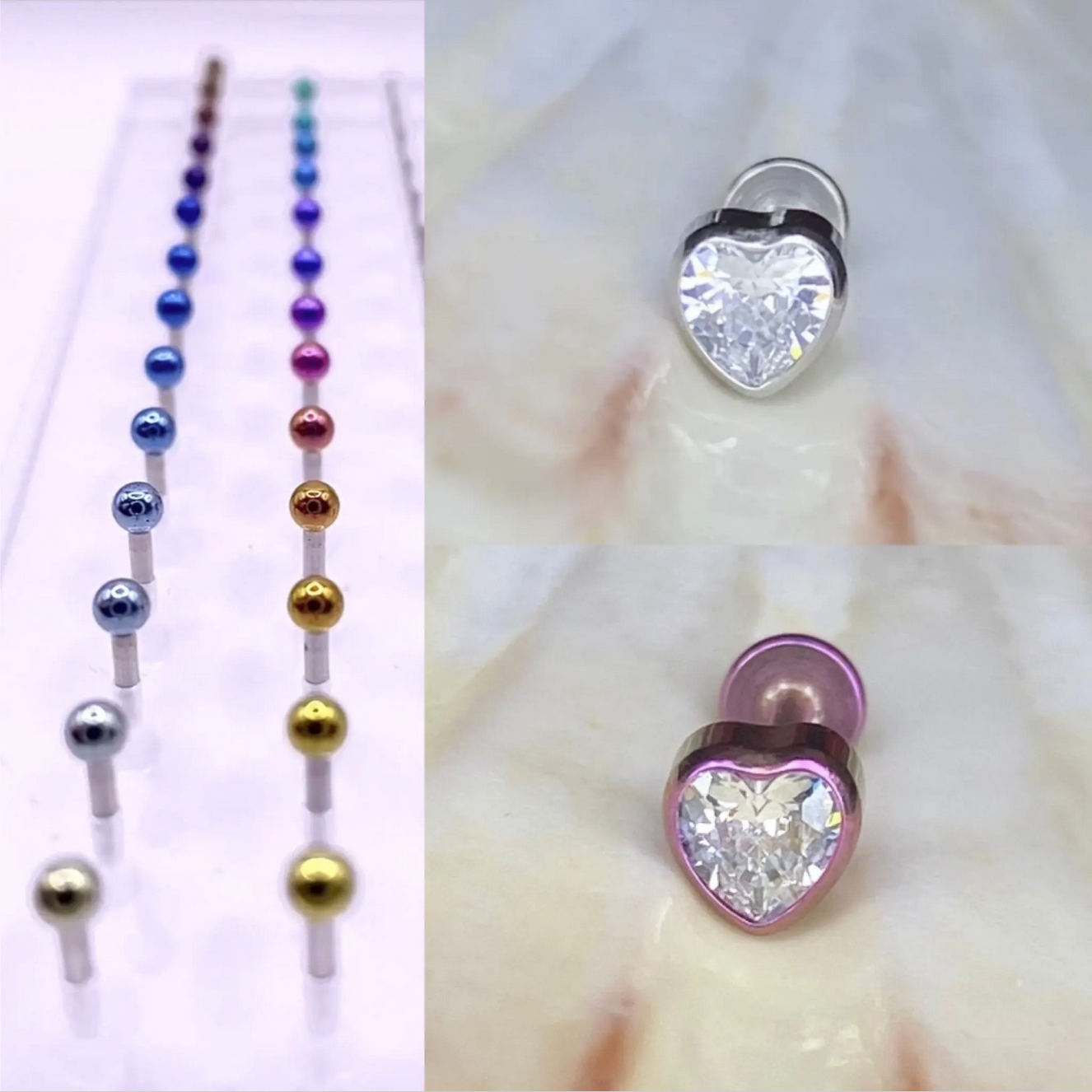 CLEAR GEM HEART Top Push Pin or Internal Thread Medical grade ASTM:F-136 titanium labret 1.2x8mm conch helix tragus ear lobe flat jewellery