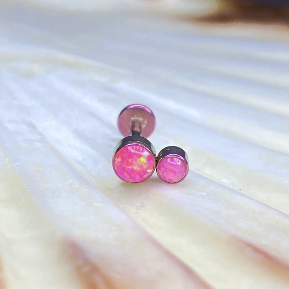 FUSCHIA ANODIZED Medical grade Internal thread ASTM:F-136 titanium Labret with Double Pink Opal Cluster Top 1.2x8mm lobe, cartilage, tragus