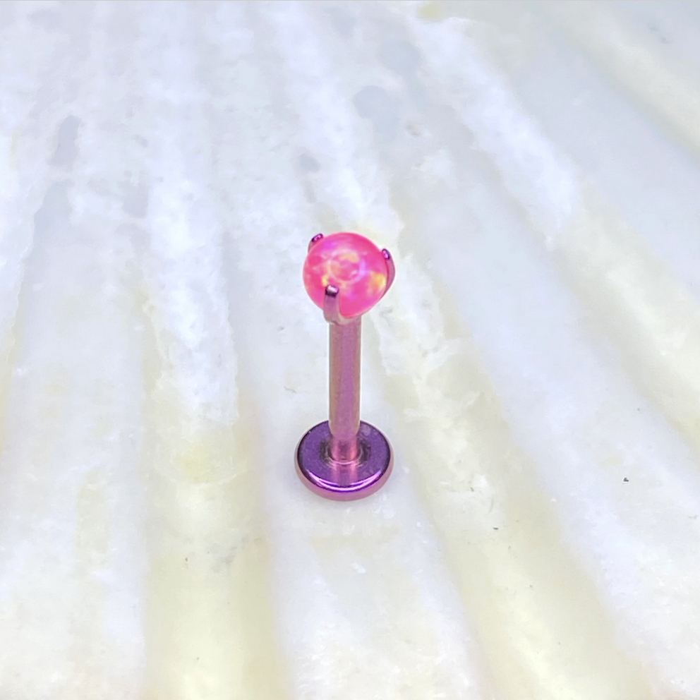 FUCHSIA ANODIZED Medical grade Internal thread ASTM:F-136 titanium Labret, Pink Opal Claw set Ball Top 1.2x6/8mm lobe helix cartilage tragus