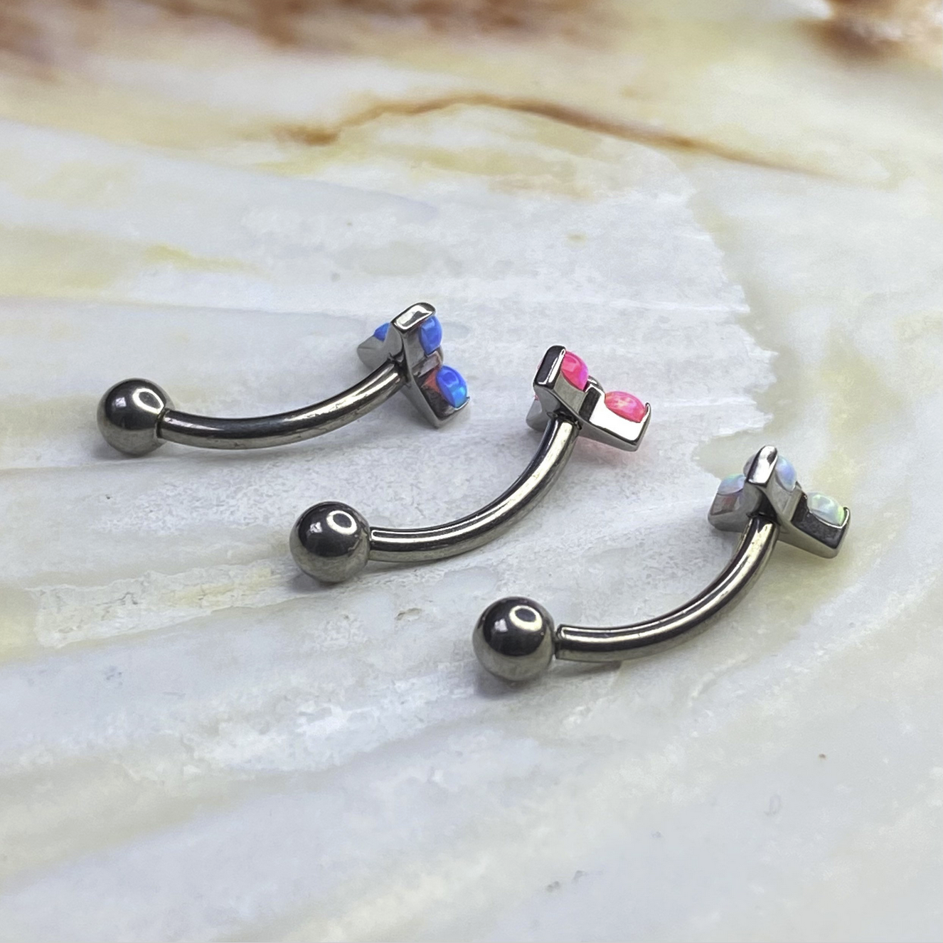 TRINITY White/Pink/Blue Opal Top Medical grade ASTM:F-136 titanium Curved Barbell 1.2x8/10mm internal thread for Rook Daith Anti-tragus Snug