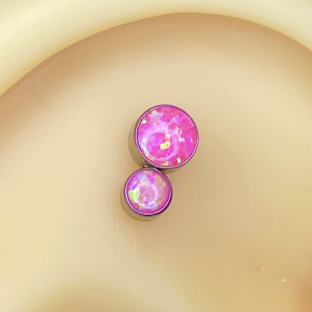 FUSCHIA ANODIZED Medical grade Internal thread ASTM:F-136 titanium Labret with Double Pink Opal Cluster Top 1.2x8mm lobe, cartilage, tragus