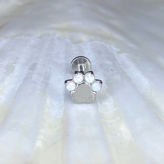 White Opal Gem PAW Print Top Implant Grade ASTM:F-136 Titanium Labret 1.2x8mm Earring Internal Thread Cartilage stud, dog paw, cat paw