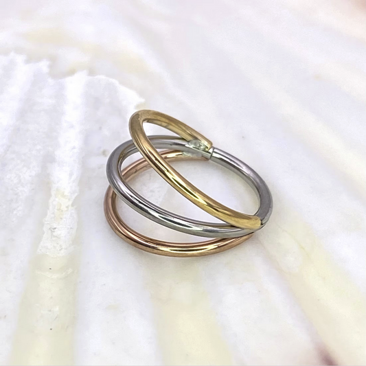 TRICOLOR Medical Grade ASTM F-136 Titanium Triple Band Hinged Ring Clicker Hoop, PVD Gold Titanium and Rose Gold Conch Hoop size: 1.2 x 12 mm