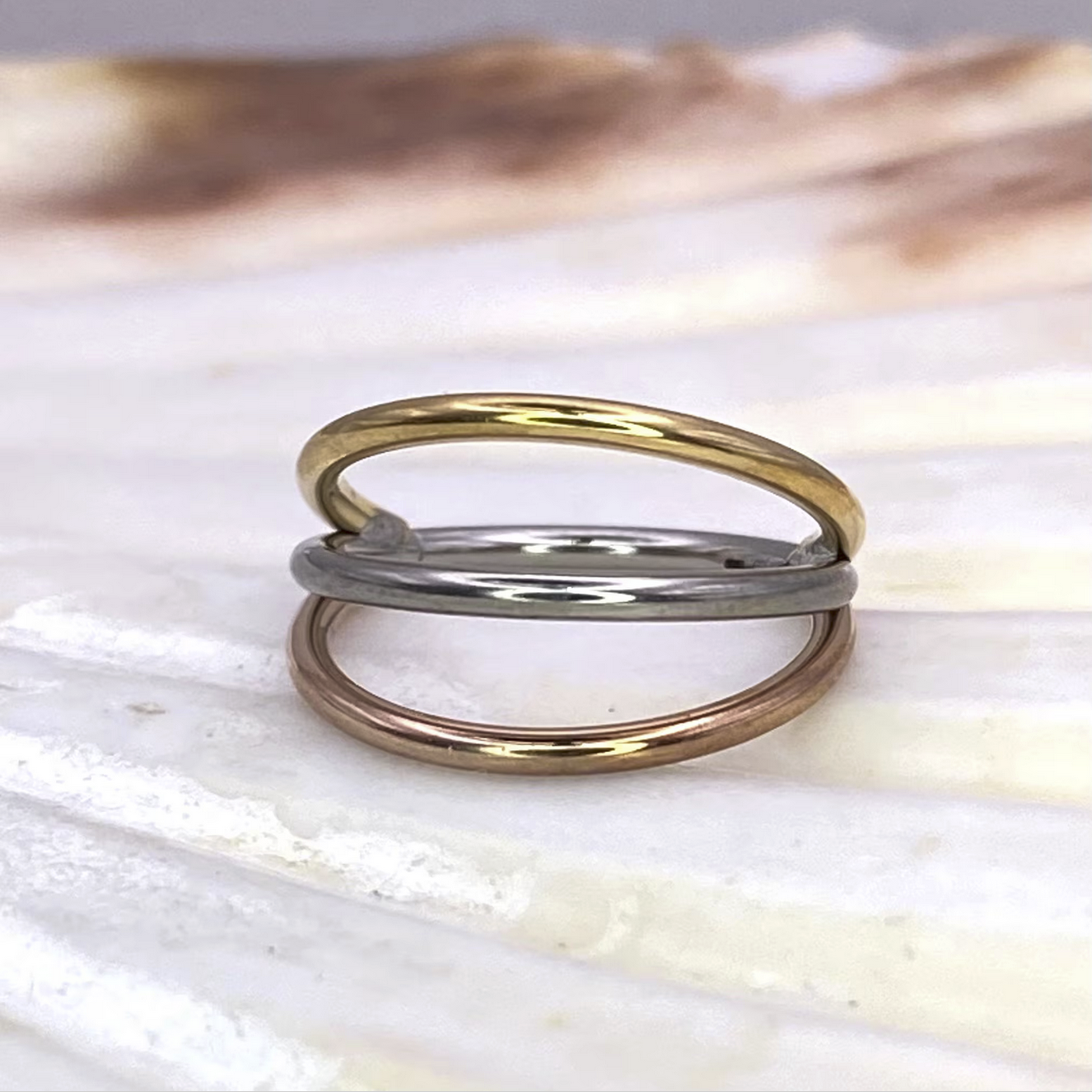 TRICOLOR Medical Grade ASTM F-136 Titanium Triple Band Hinged Ring Clicker Hoop, PVD Gold Titanium and Rose Gold Conch Hoop size: 1.2 x 12 mm