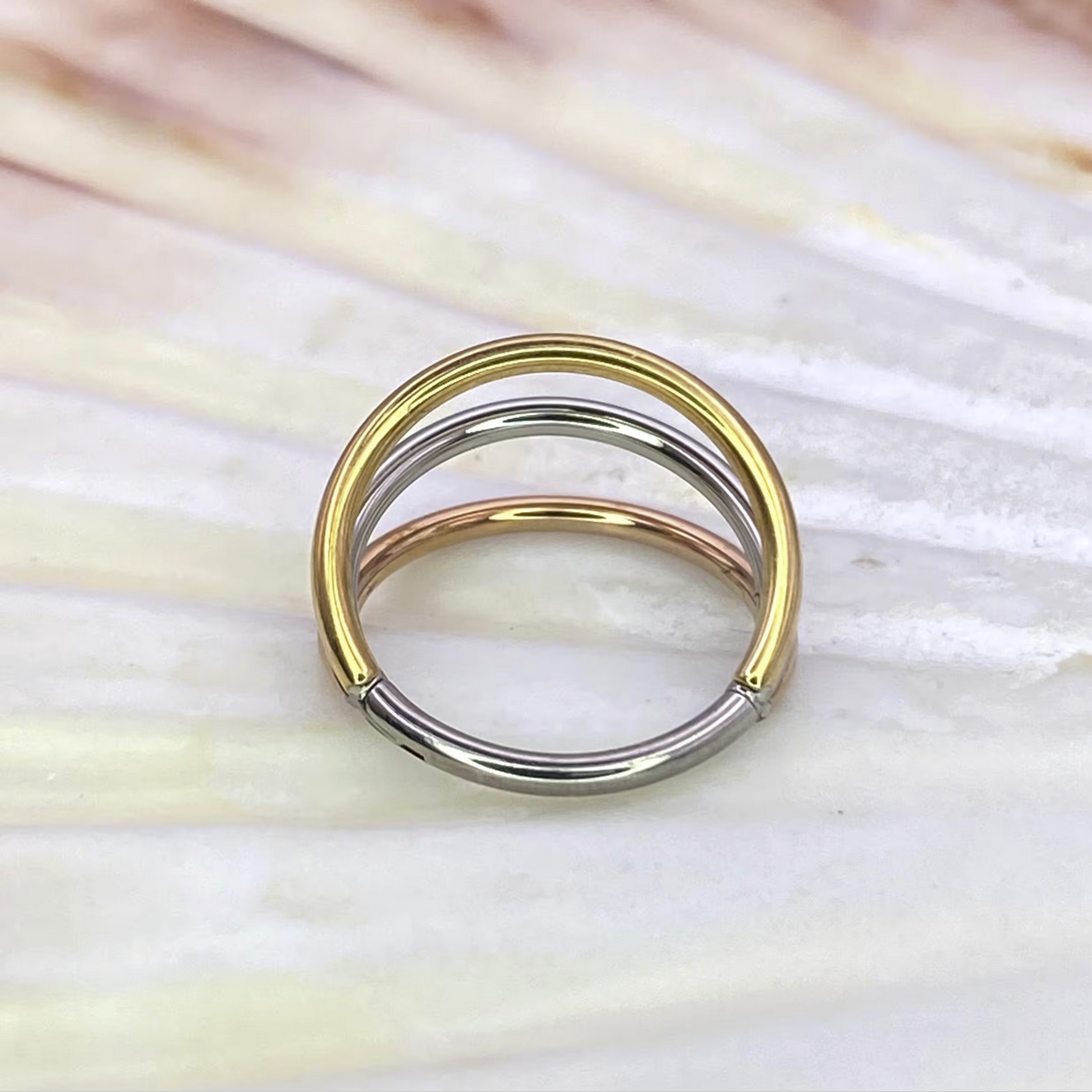 TRICOLOR Medical Grade ASTM F-136 Titanium Triple Band Hinged Ring Clicker Hoop, PVD Gold Titanium and Rose Gold Conch Hoop size: 1.2 x 12 mm