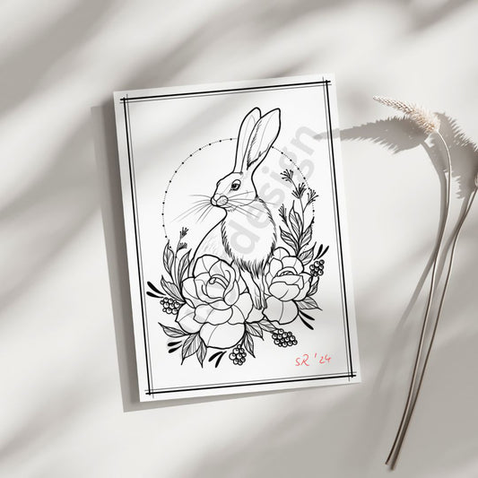 Hare with Roses Tattoo Design, Flora and Fauna Art, Tattoo Stencil, Fine line Illustration, Instant Download, JPG, PNG, SVG