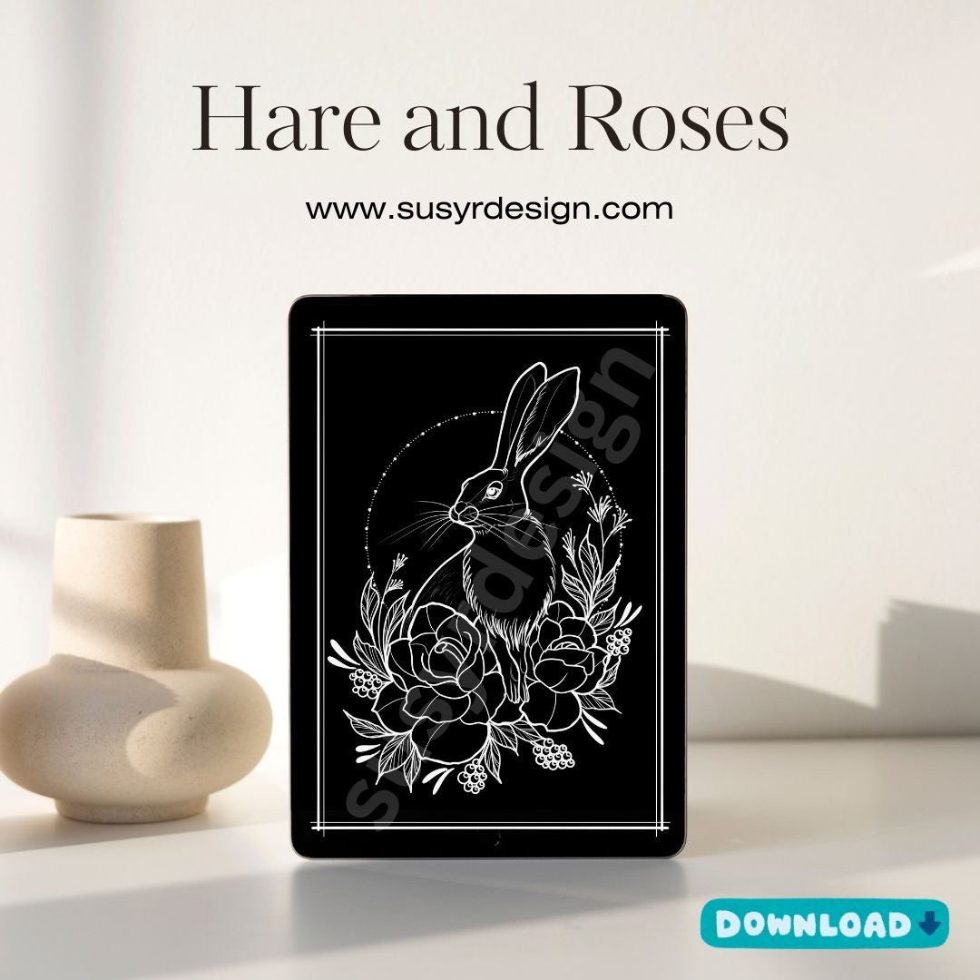 Hare with Roses Tattoo Design, Flora and Fauna Art, Tattoo Stencil, Fine line Illustration, Instant Download, JPG, PNG, SVG