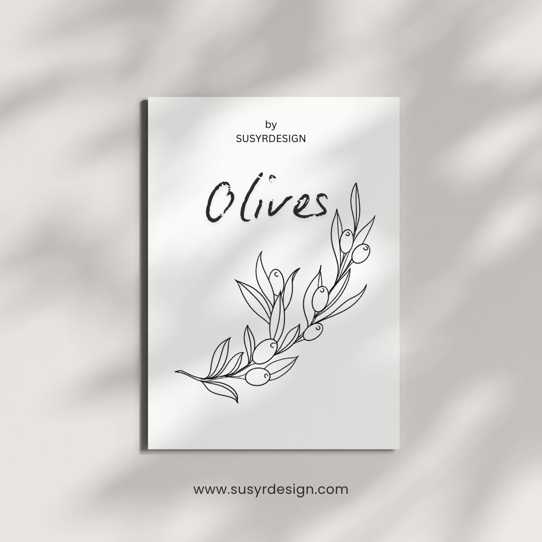 Elegant Curved Olive Branch Illustration, Fine Line Drawing Featuring Long Leaves and Olives, olive branch svg, olive print, SVG, PNG JPG