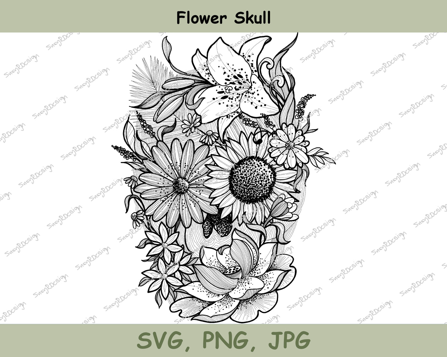 Flower Skull Fine Line drawing, Digital Downloads, skull svg, flower svg, Skull Art, Tattoo Design, Tshirt Design JPG, PNG, SVG