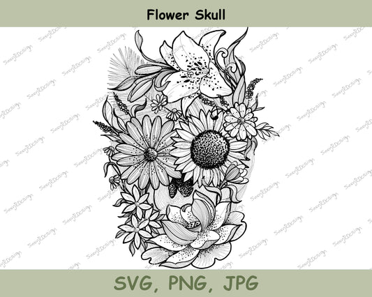 Flower Skull Fine Line drawing, Digital Downloads, skull svg, flower svg, Skull Art, Tattoo Design, Tshirt Design JPG, PNG, SVG