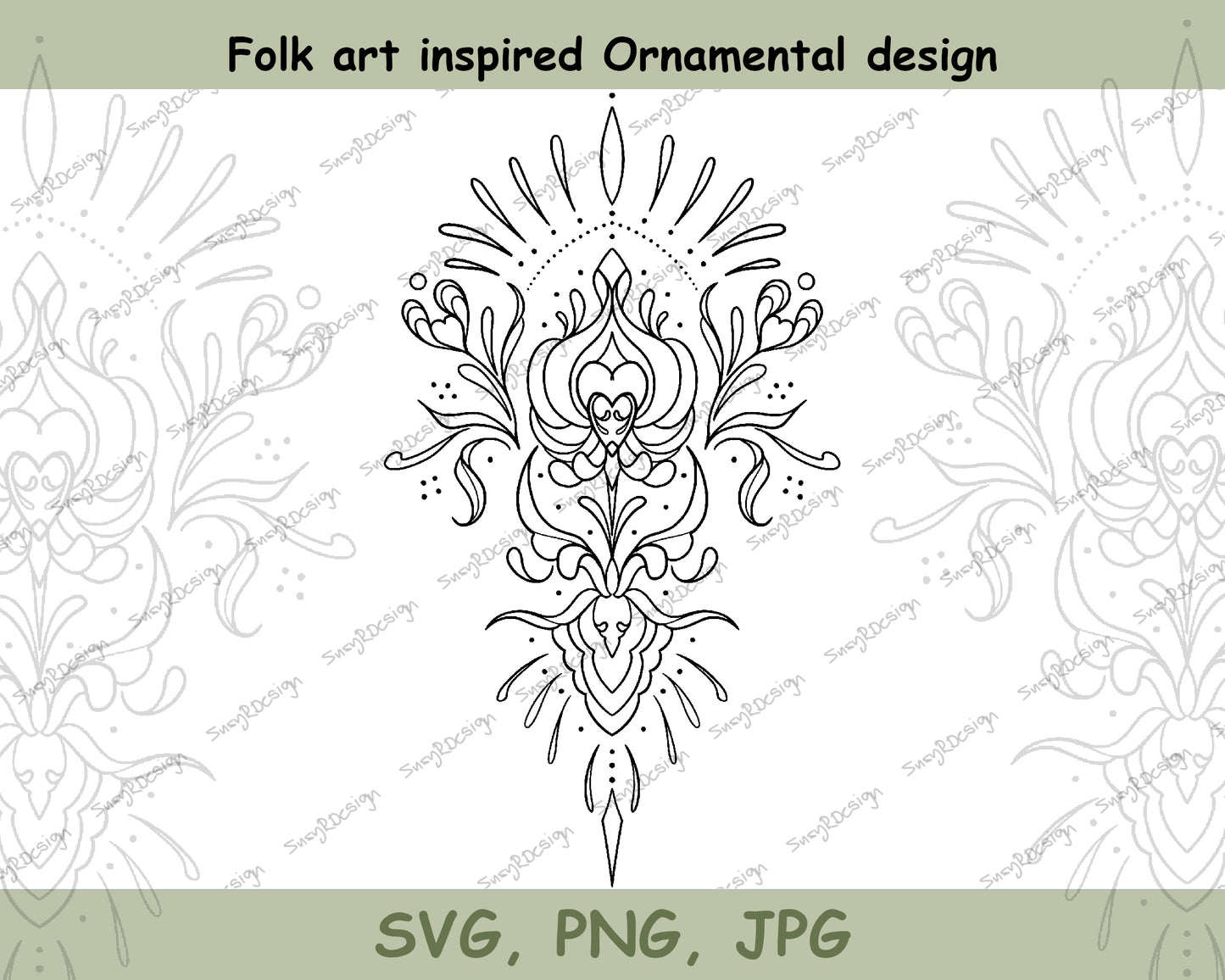 Folk Art inspired ornamental design, line drawing, embroidery svg, card making, printing, svg, png, jpg