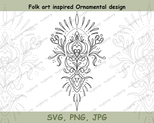 Folk Art inspired ornamental design, line drawing, embroidery svg, card making, printing, svg, png, jpg