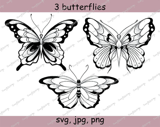 3 butterflies Line drawing, Animal Clip Art, Digital Downloads, Screenprinting, Cardmaking, SVG, JPG, PNG