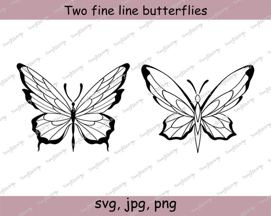 Two Fine Line butterflies, Animal Clip Art, Digital Downloads, Screenprinting, Cardmaking, Tattoo Design, SVG, JPG, PNG