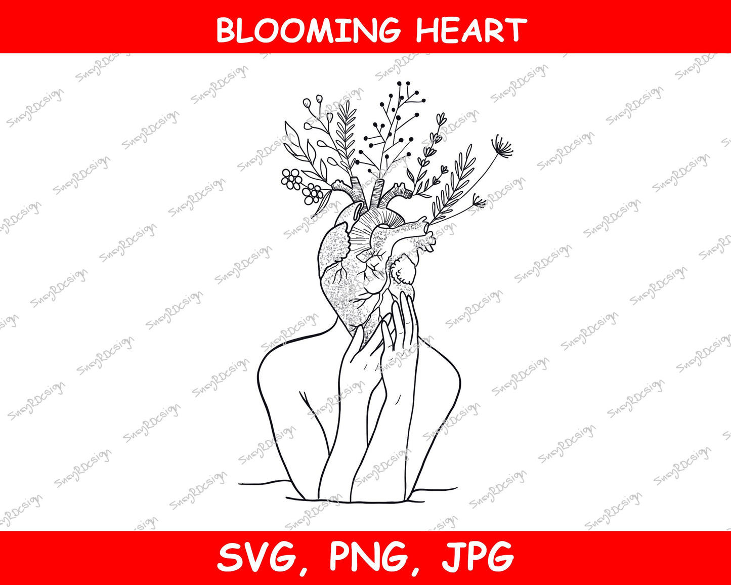 Blooming Heart, digital illustration, fine line drawing, Clip Art, Digital Download, Valentines Day svg, valentines SVG, JPG, PNG