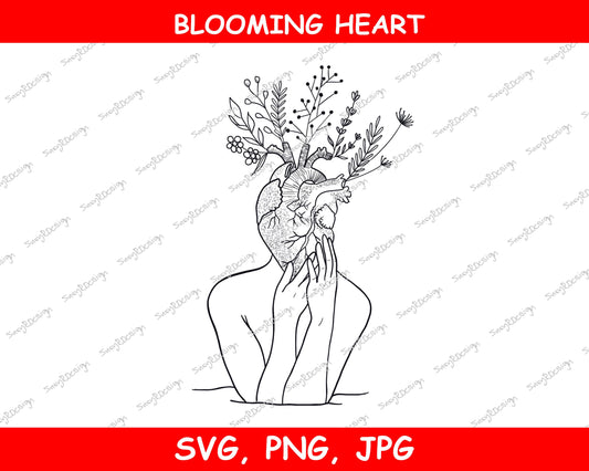 Blooming Heart, digital illustration, fine line drawing, Clip Art, Digital Download, Valentines Day svg, valentines SVG, JPG, PNG