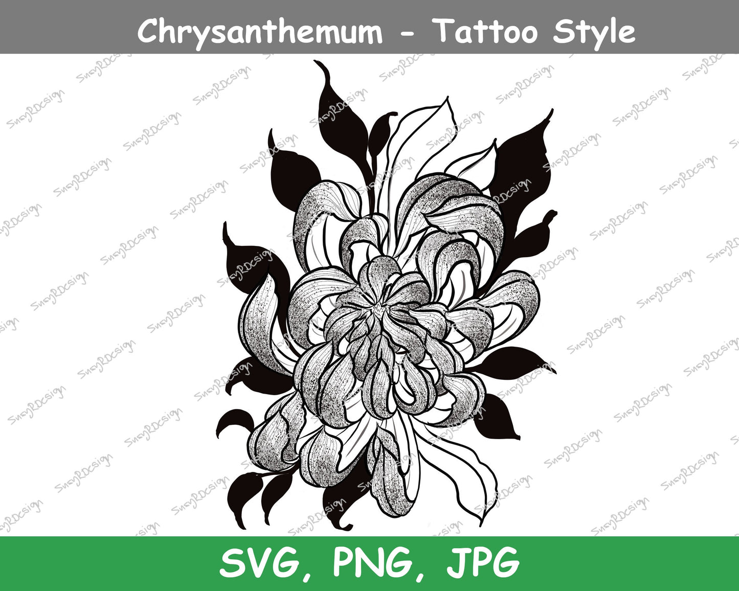 Chrysanthemum Tattoo Style Line drawing, Dotwork Art, Plant Clip Art, Digital Downloads, Flower svg, Cardmaking, JPG, PNG, SVG